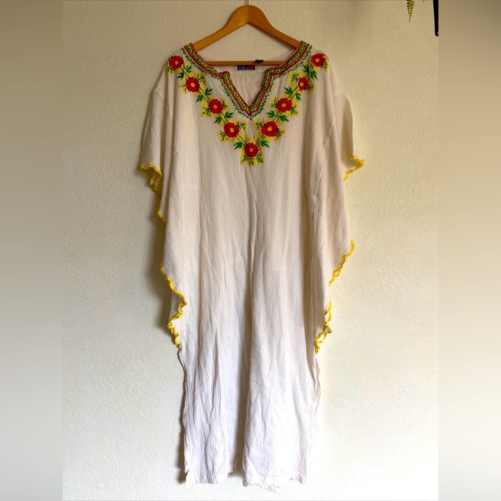 PHOOL White Thick Cotton Embroidered Dress Wing Sleeve Oversized Medium India